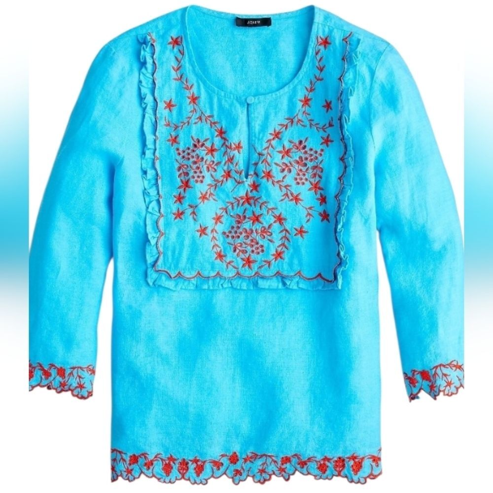j. crew linen top embroidered turquoise blue size M